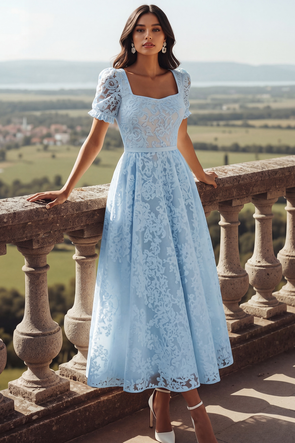 White Lace Square Neck Long Wedding Reception Dress with Sleeves