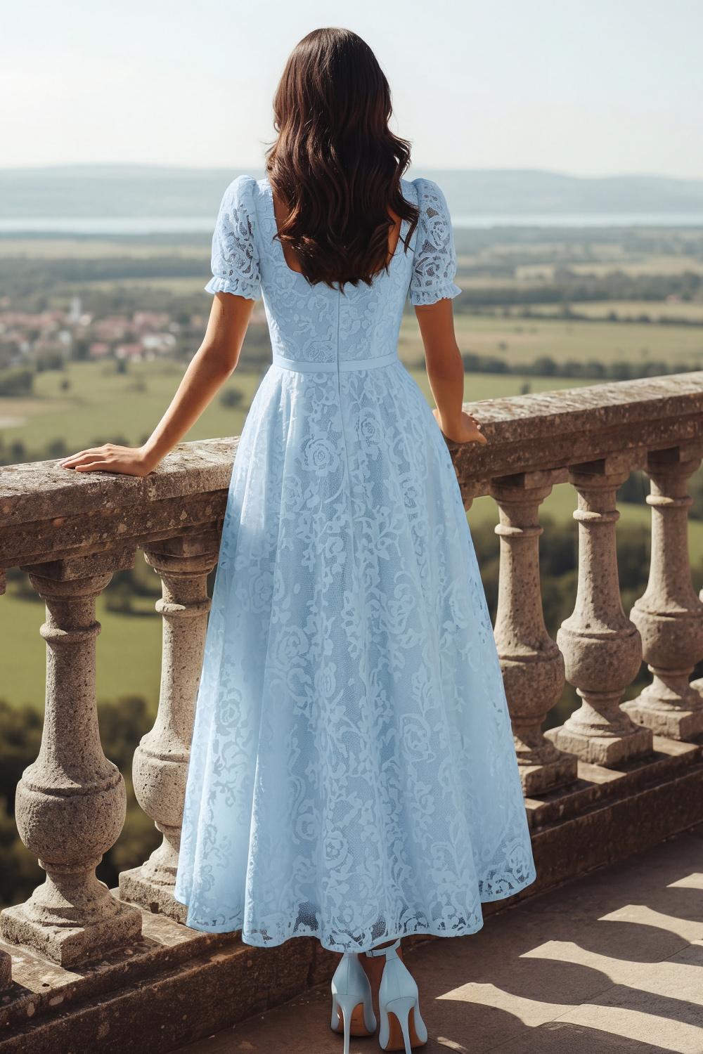 White Lace Square Neck Long Wedding Reception Dress with Sleeves