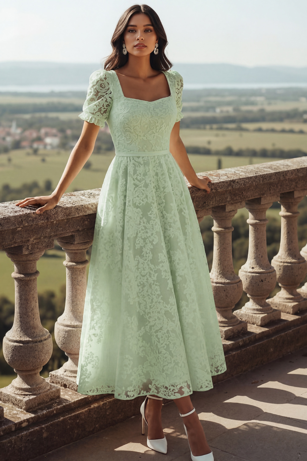 White Lace Square Neck Long Wedding Reception Dress with Sleeves