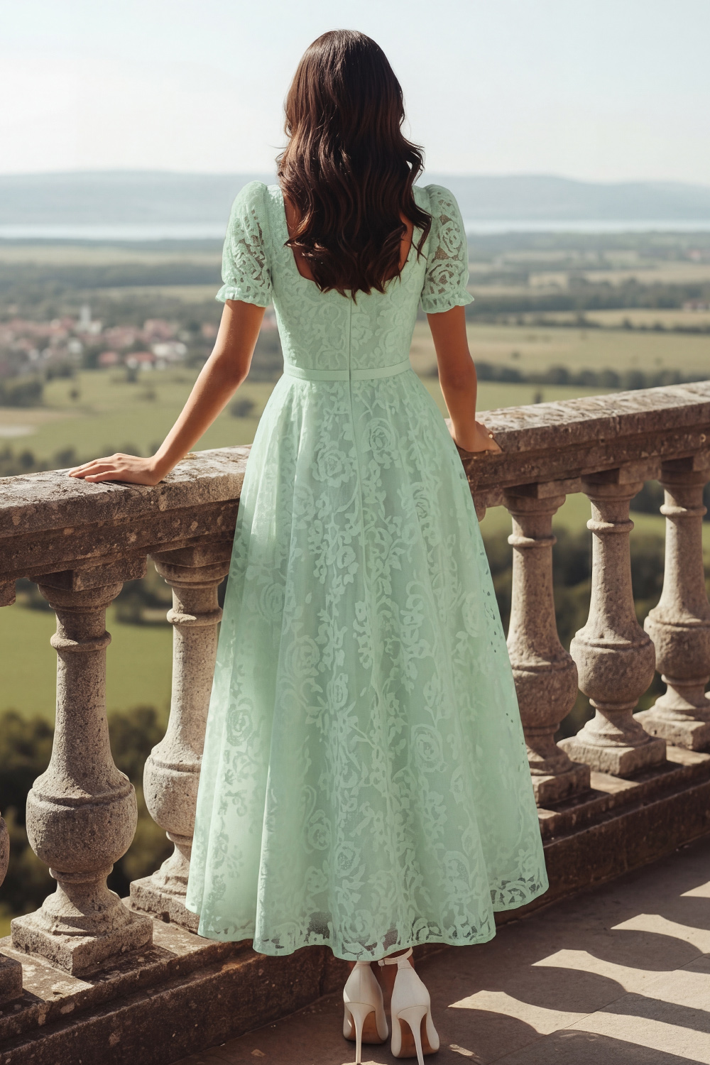 White Lace Square Neck Long Wedding Reception Dress with Sleeves