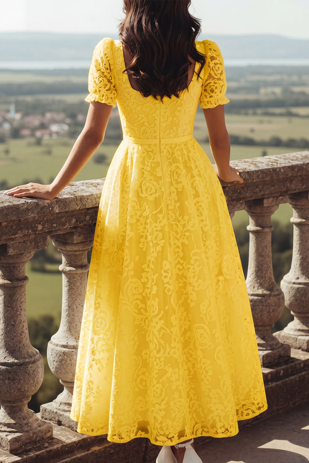 White Lace Square Neck Long Wedding Reception Dress with Sleeves