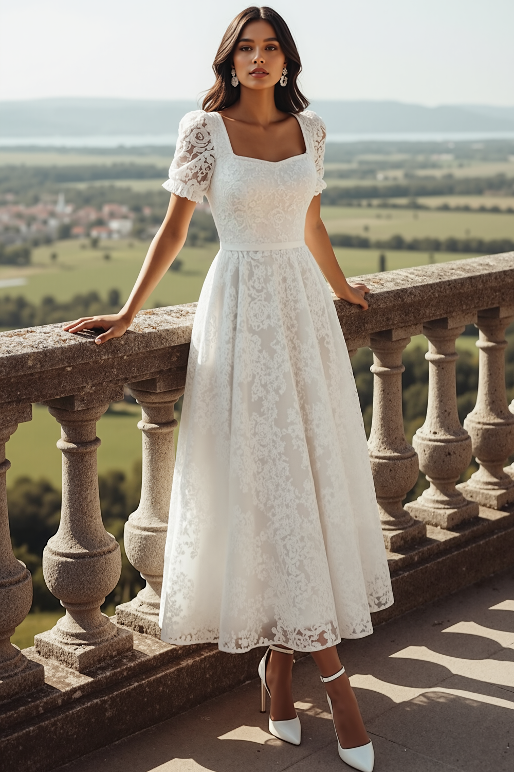 White Lace Square Neck Long Wedding Reception Dress with Sleeves
