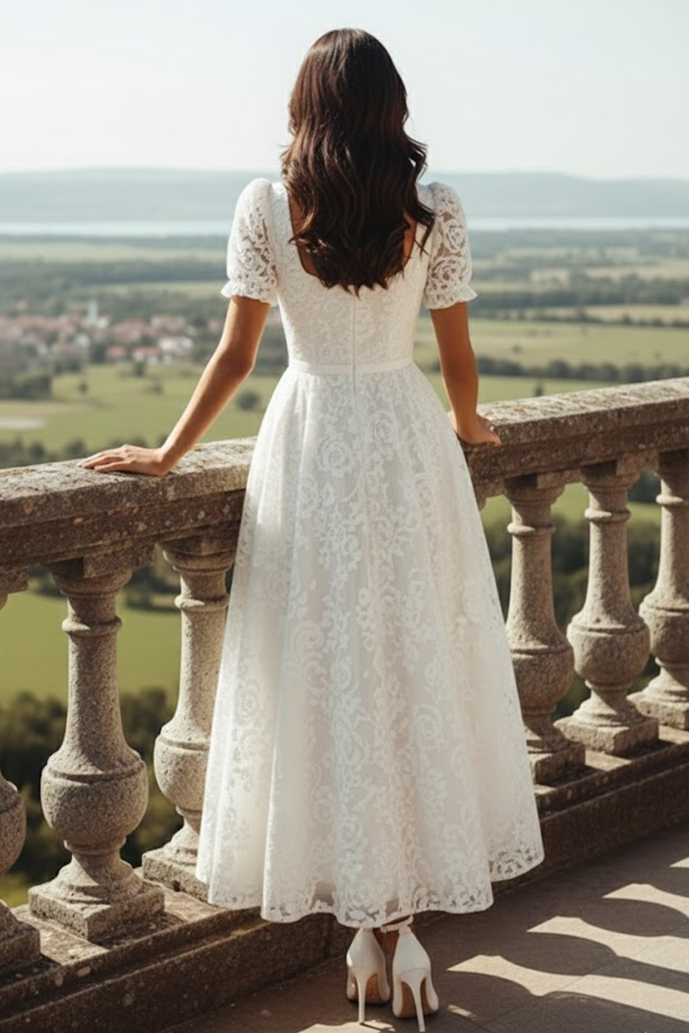 White Lace Square Neck Long Wedding Reception Dress with Sleeves