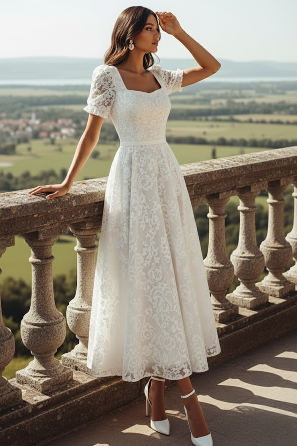 White Lace Square Neck Long Wedding Reception Dress with Sleeves