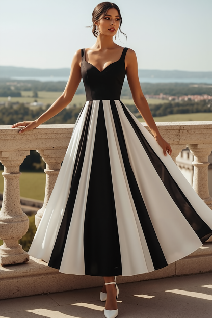 Black and White A Line Thick Straps Long Formal Dress