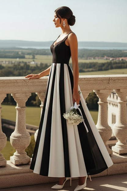 Black and White A Line Thick Straps Long Formal Dress