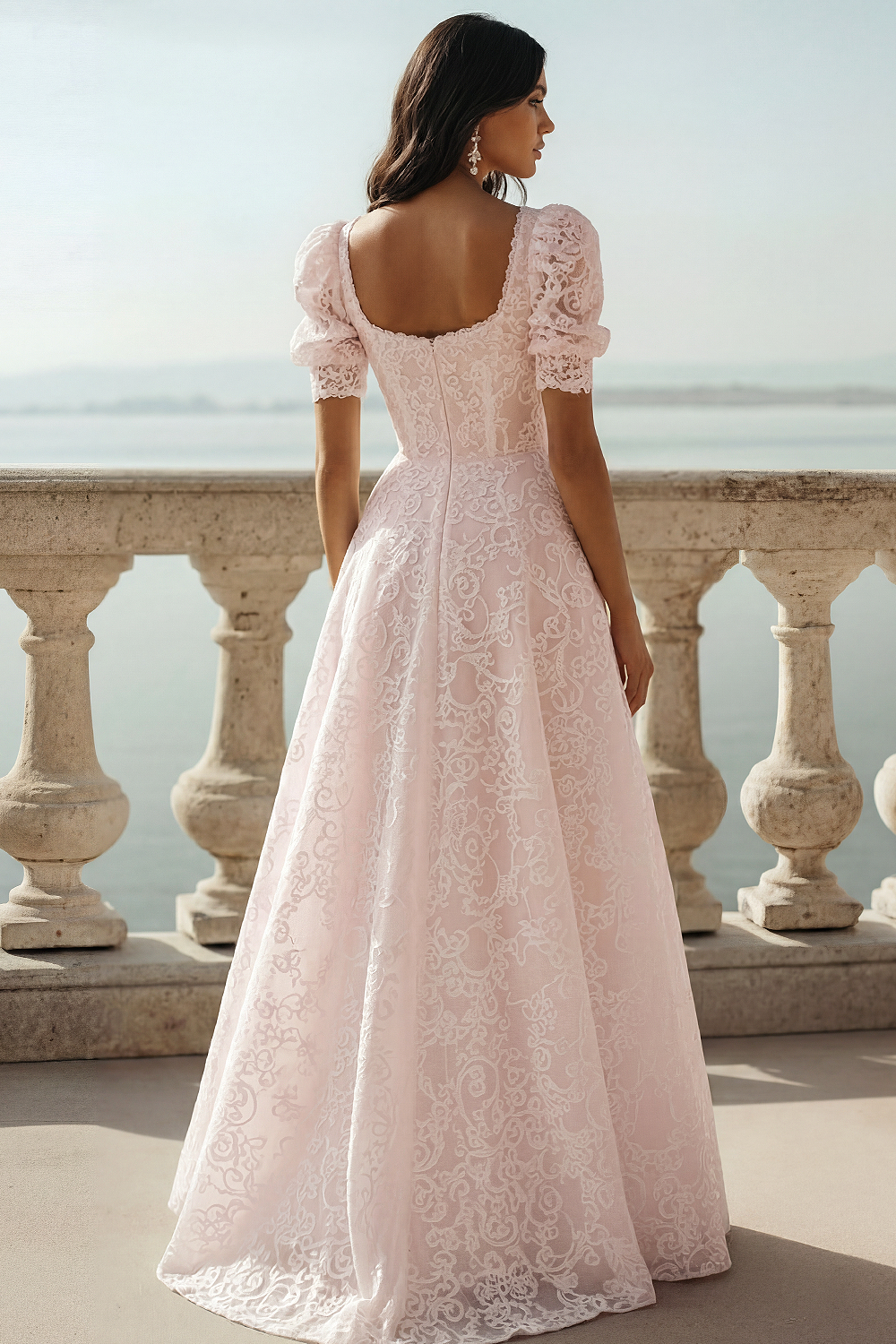 White Lace Square Neck A Line Long Wedding Reception Dress