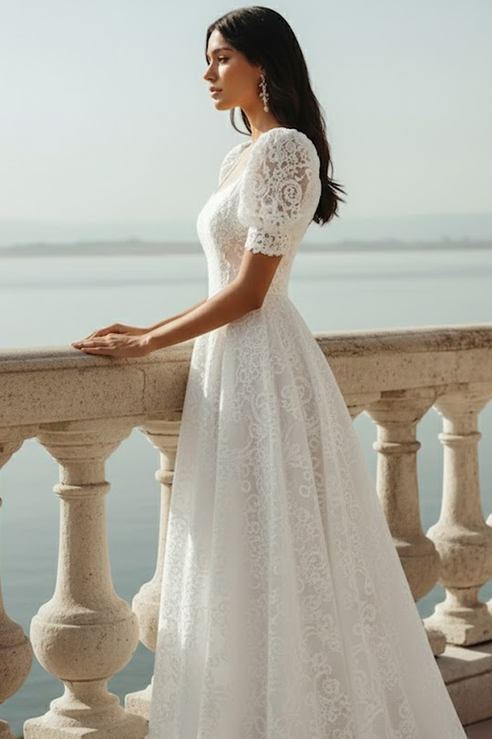 White Lace Square Neck A Line Long Wedding Reception Dress