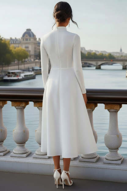 White High Neck A Line Long Wedding Reception Dress with Keyhole