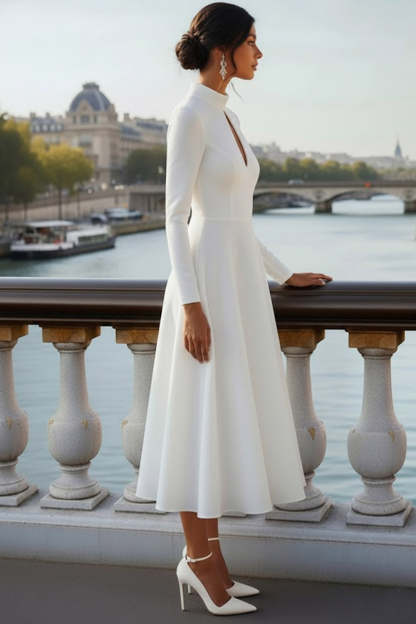 White High Neck A Line Long Wedding Reception Dress with Keyhole