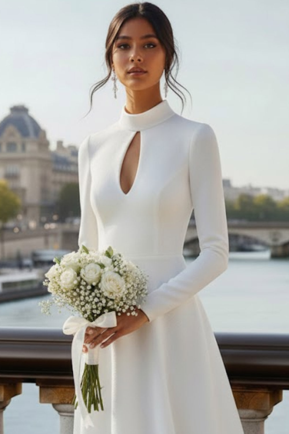 White High Neck A Line Long Wedding Reception Dress with Keyhole