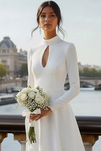 White High Neck A Line Long Wedding Reception Dress with Keyhole