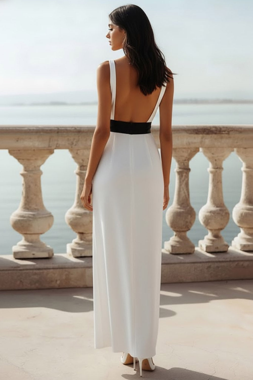 White Sheath Deep V-Neck Long Wedding Reception Dress with Bow