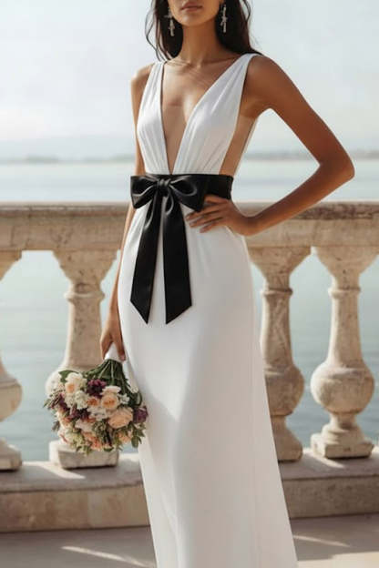 White Sheath Deep V-Neck Long Wedding Reception Dress with Bow