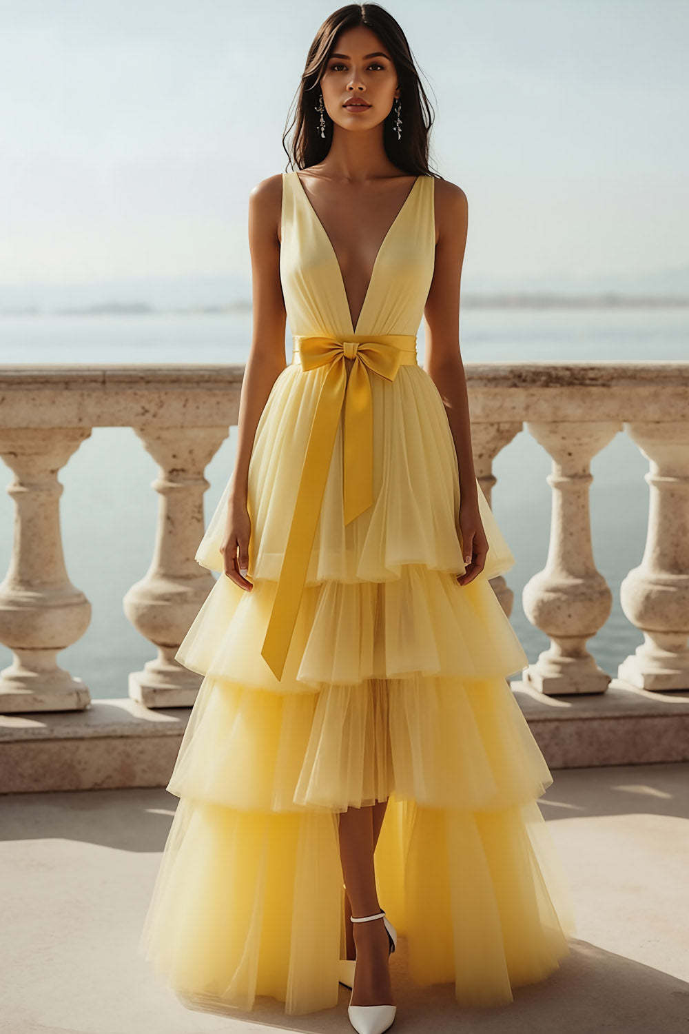Leely Women Light Yellow Tulle Tiered Long Prom Dress with Bow High-Low V-Neck A Line Backless Pageant Dress