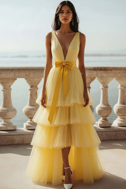 Leely Women Light Yellow Tulle Tiered Long Prom Dress with Bow High-Low V-Neck A Line Backless Pageant Dress