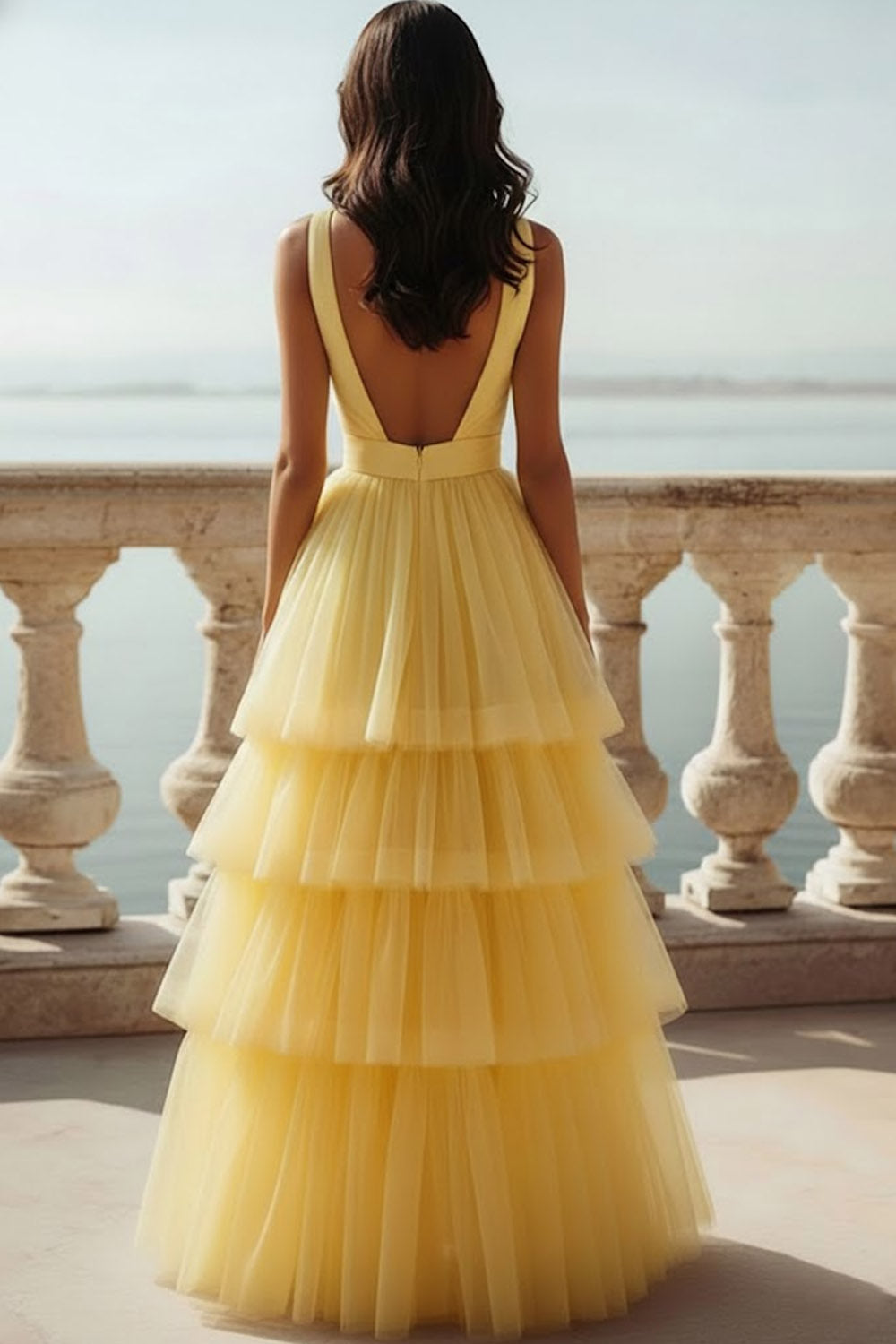 Light Yellow High-Low V-Neck Tiered Tulle Long Prom Dress with Bow