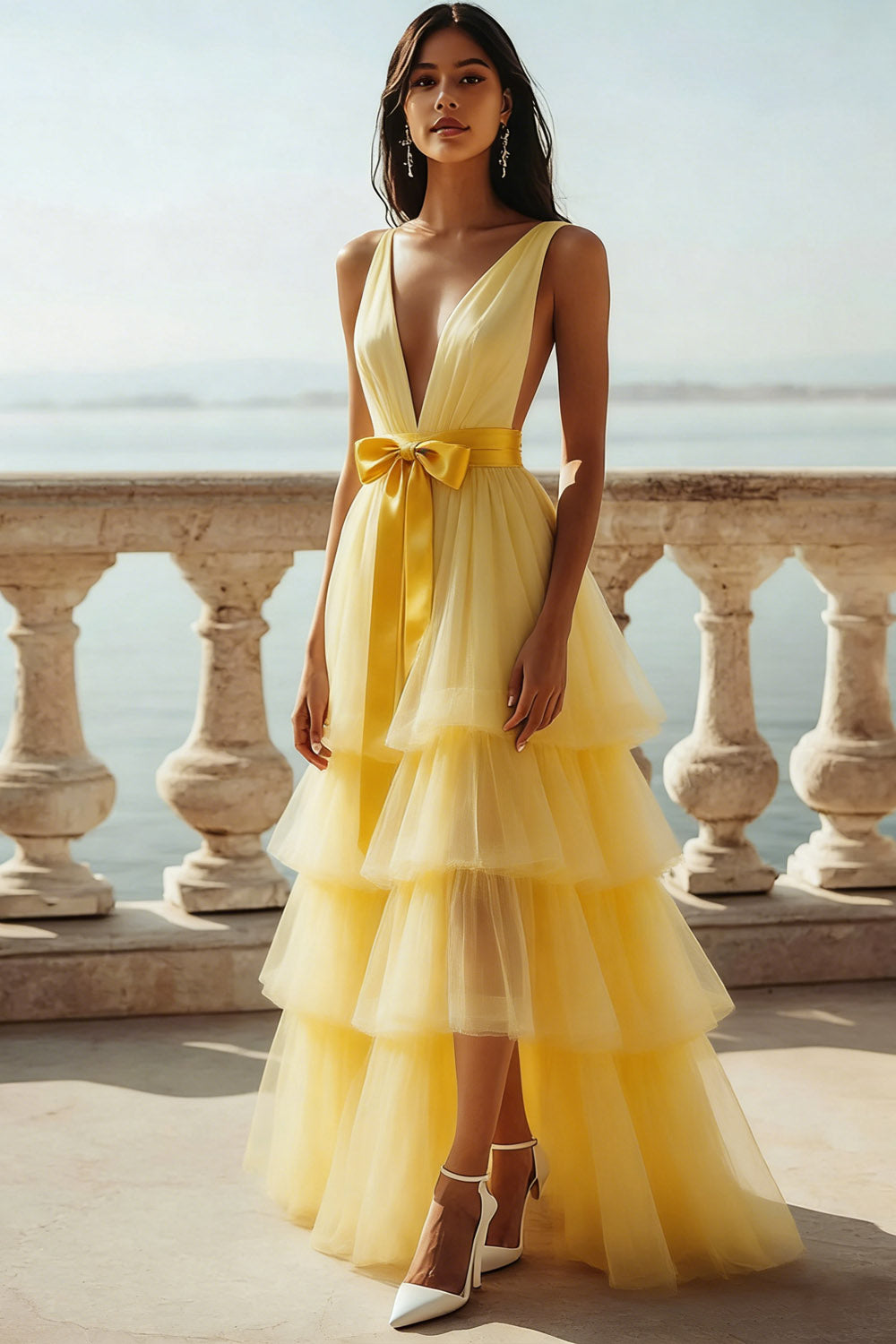 Light Yellow High-Low V-Neck Tiered Tulle Long Prom Dress with Bow