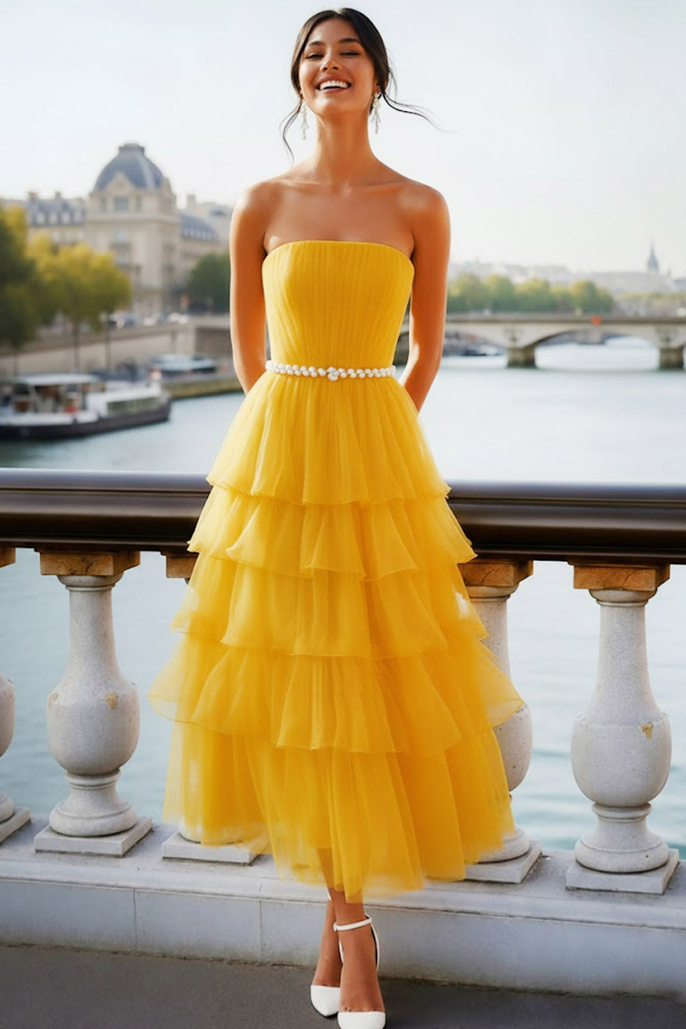 Leely Women Sparkly Yellow Ruffles Long Prom Dress with Pearls Tulle Tiered A Line Strapless Gala Dress with Belt