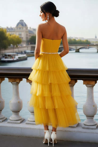 Yellow Ruffles Tulle Tiered Long Prom Dress with Belt