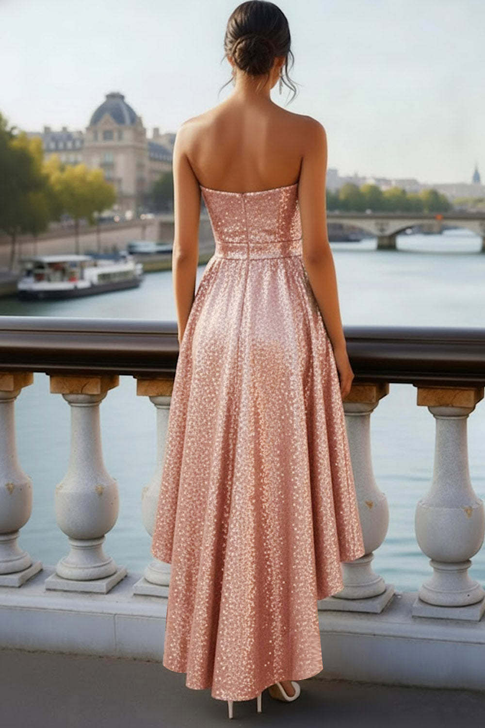 Sparkly Vintage Rose Sequin Strapless Asymmetrical Prom Dress