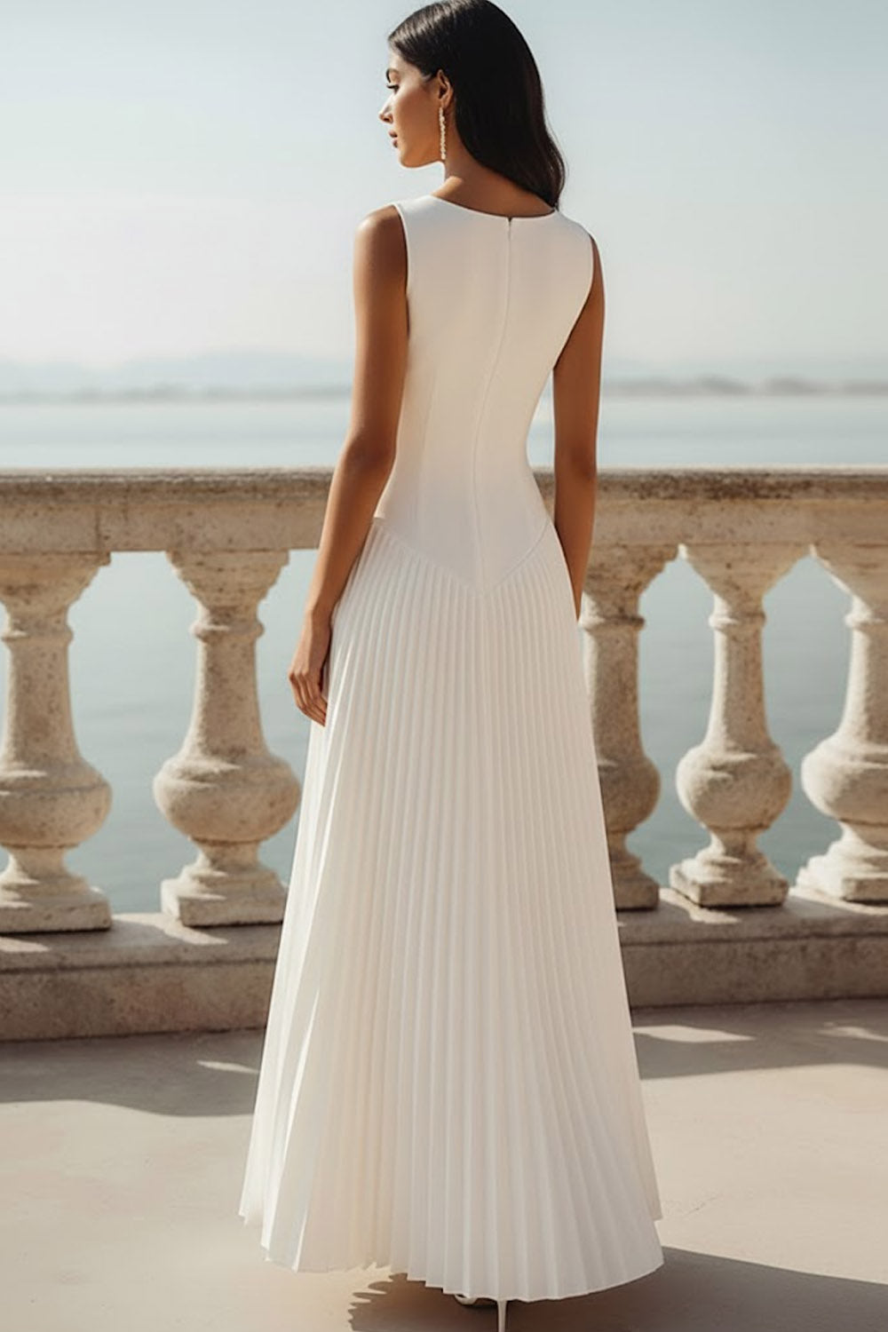 White A Line Chiffon Pleated Maxi Wedding Reception Dress