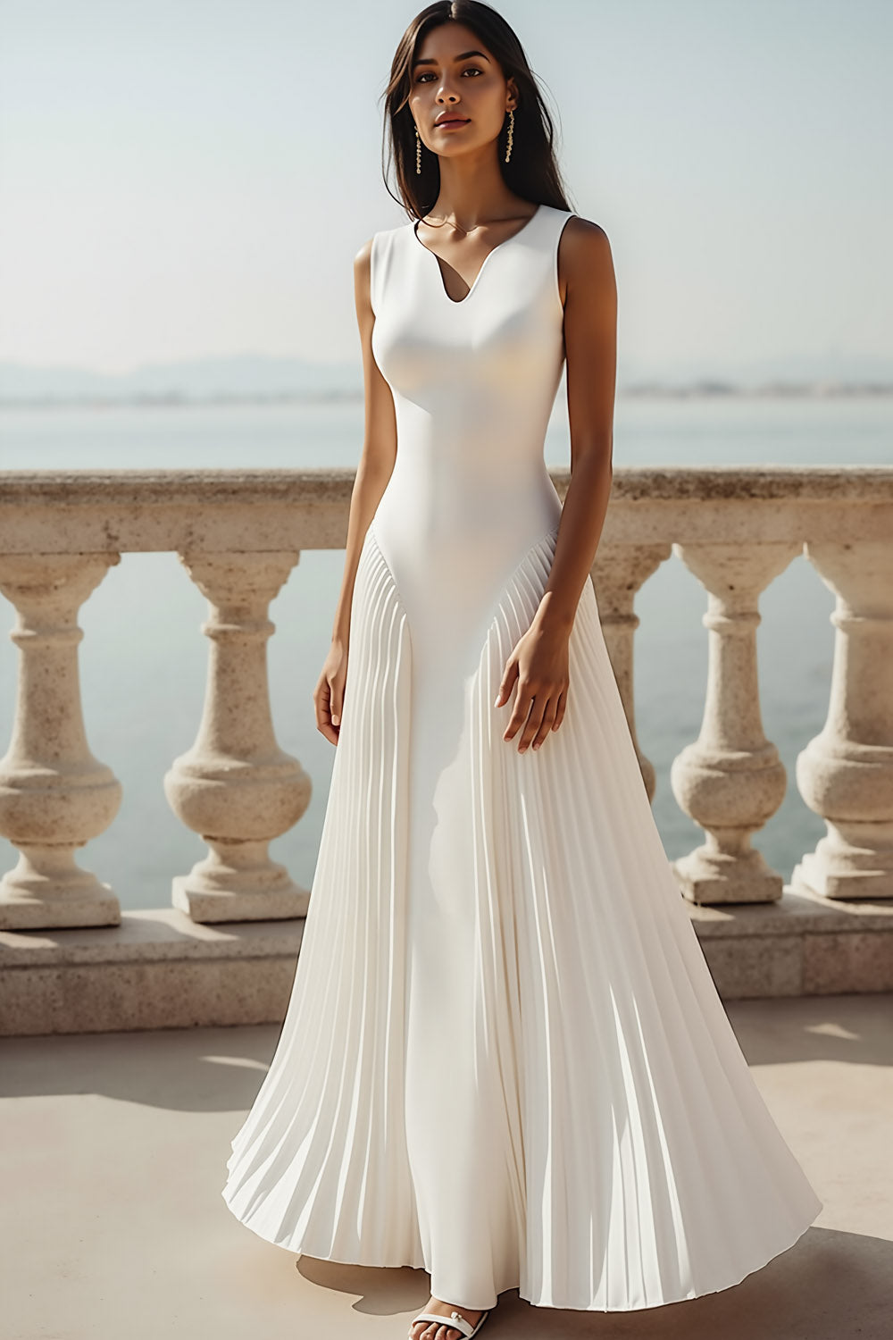 Leely Women White Long Chiffon Wedding Reception Dress V Neck A Line Pleated Engagement Dress