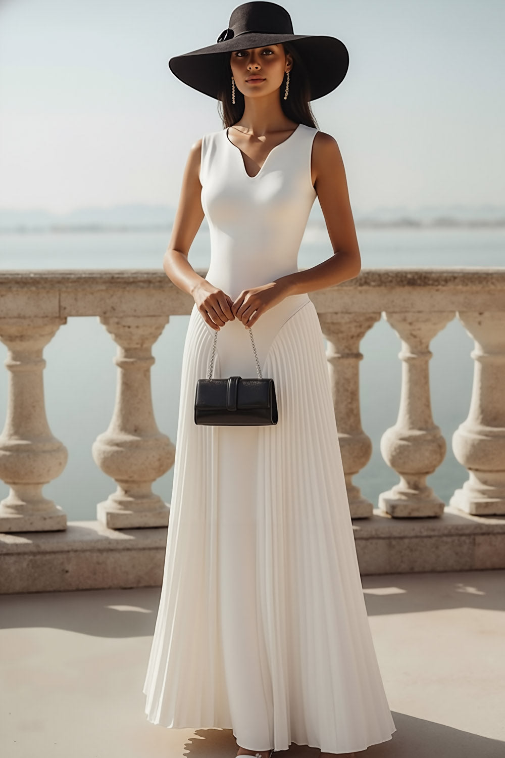 White A Line Chiffon Pleated Maxi Wedding Reception Dress