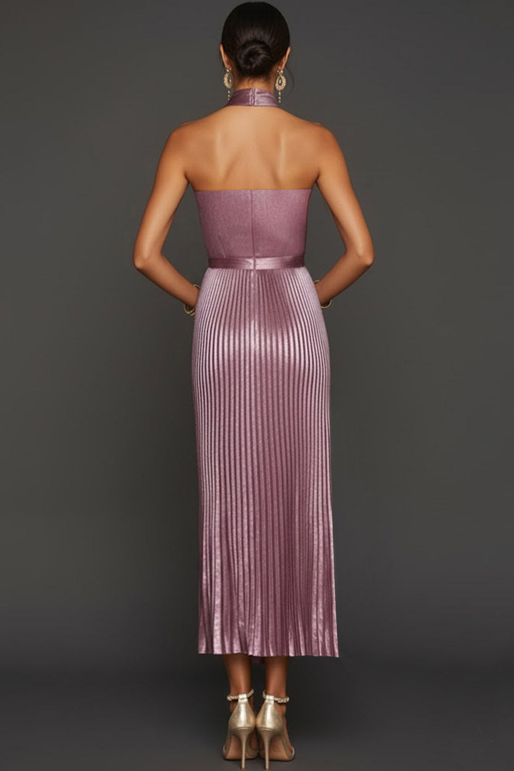 Vintage Rose Metallic Pleated Keyhole Long Formal Dress