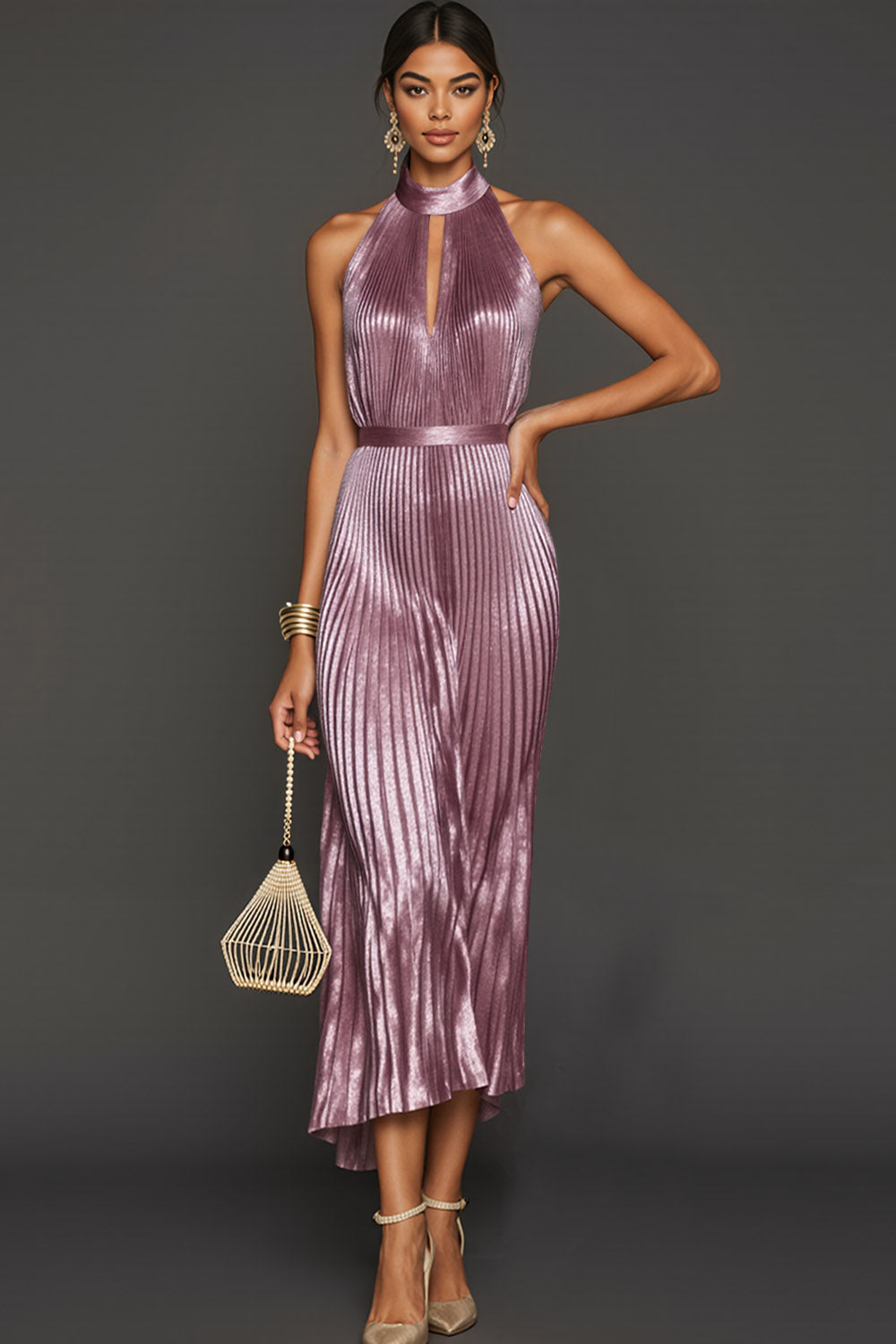 Vintage Rose Metallic Pleated Keyhole Long Formal Dress