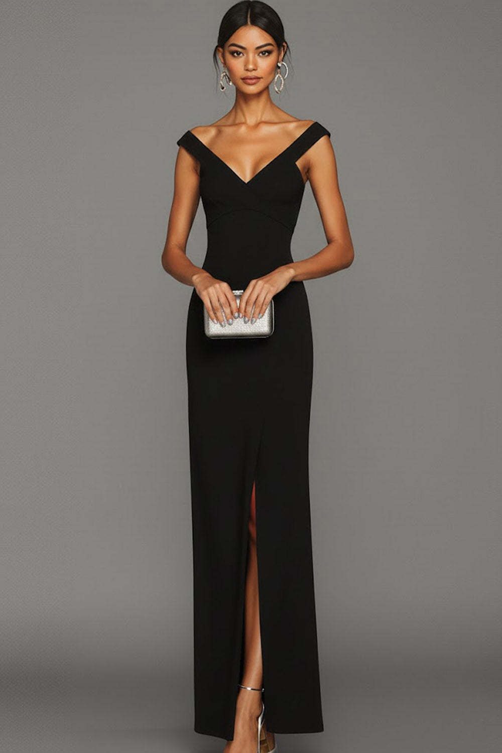 Leely Women Simple Black Long Formal Dress with Slit V-Neck Sheath Evening Dress