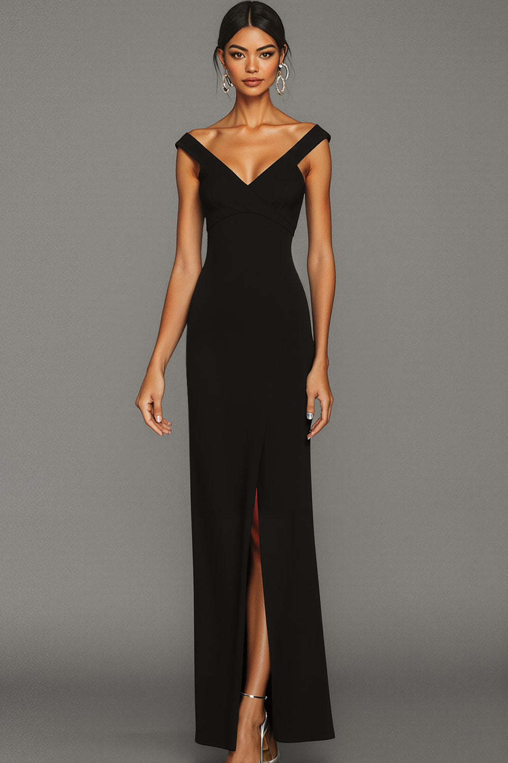Simple Black V-Neck Sheath Long Formal Dress with Slit