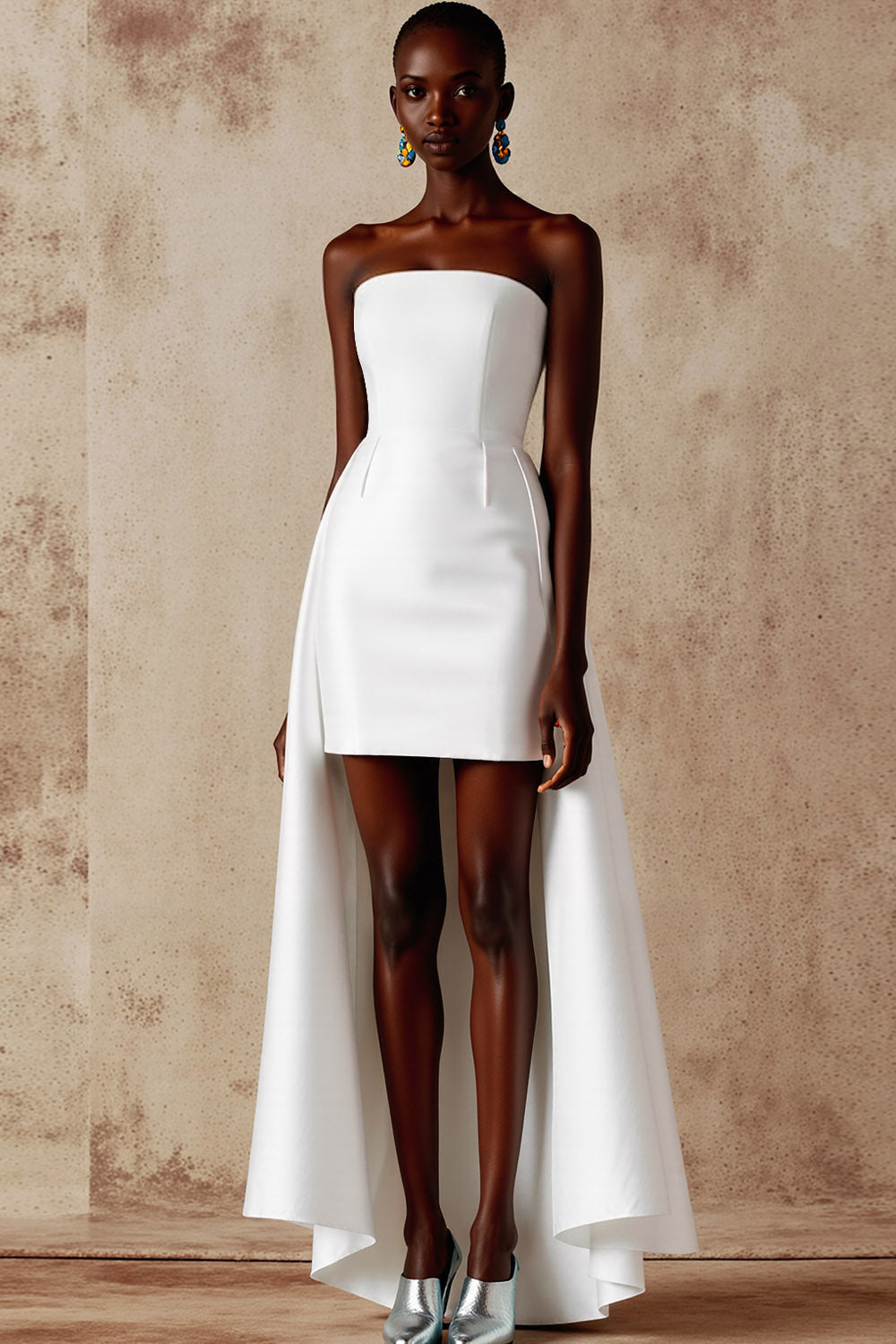 Leely Women Simple White High-Low Wedding Reception Dress Strapless A Line Engagement Dress