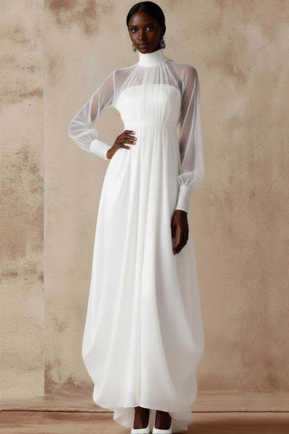 Leely Women White Chiffon Long Wedding Reception Dress with Sleeves High Neck A Line Engagement Dress