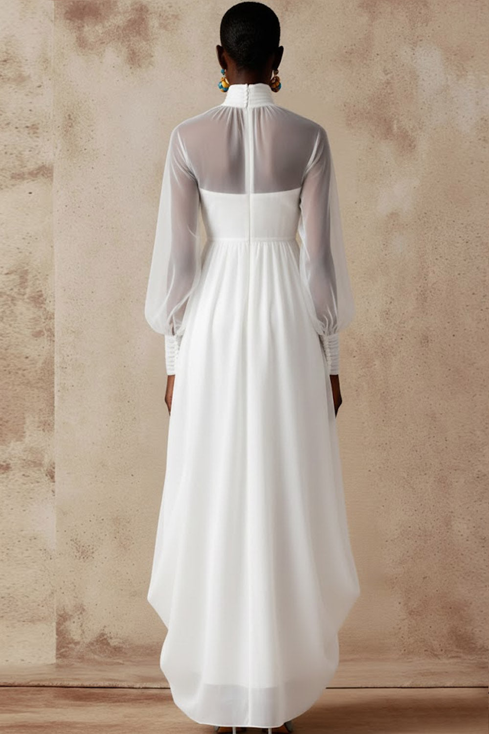 White High Neck Chiffon Long Wedding Reception Dress with Sleeves