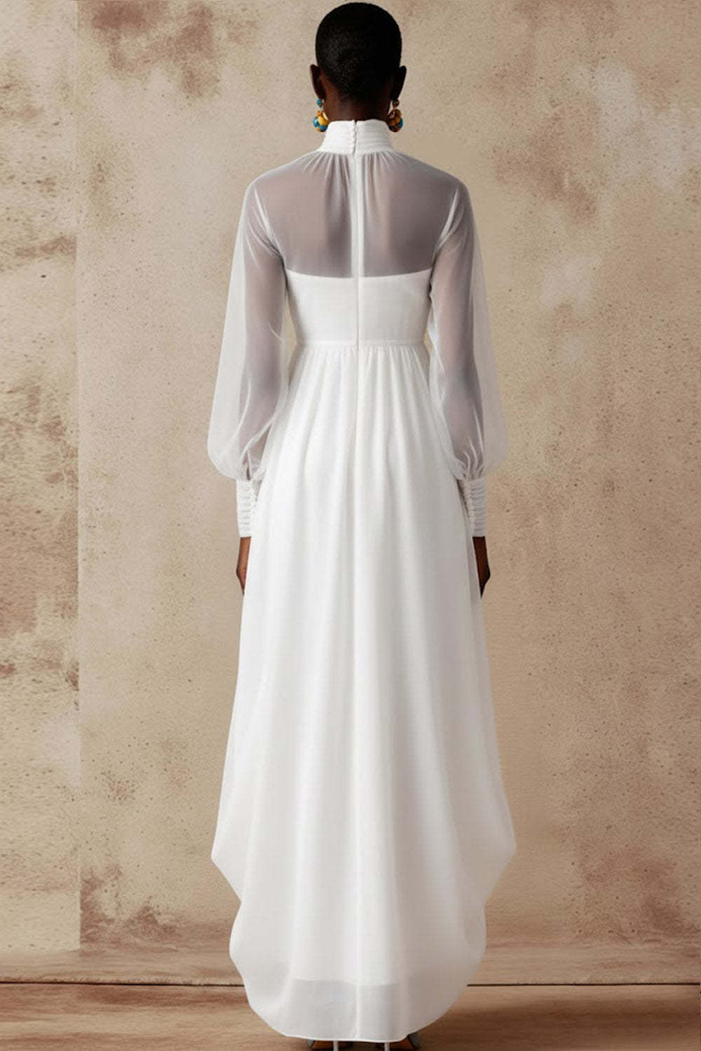 White High Neck Chiffon Long Wedding Reception Dress with Sleeves