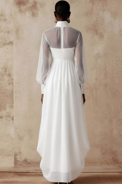White High Neck Chiffon Long Wedding Reception Dress with Sleeves