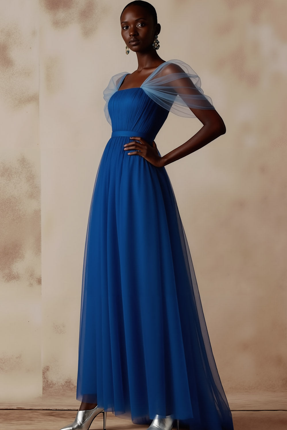 Blue Pleated A Line Square Neck Long Formal Dress