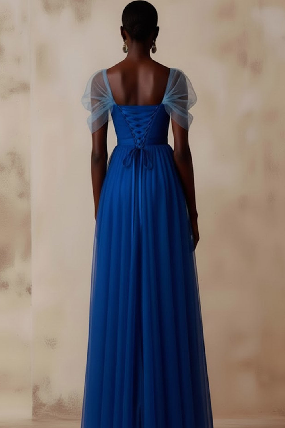 Blue Pleated A Line Square Neck Long Formal Dress