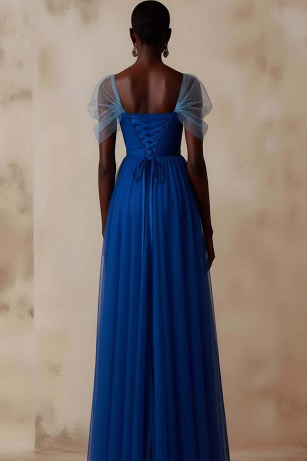 Blue Pleated A Line Square Neck Long Formal Dress
