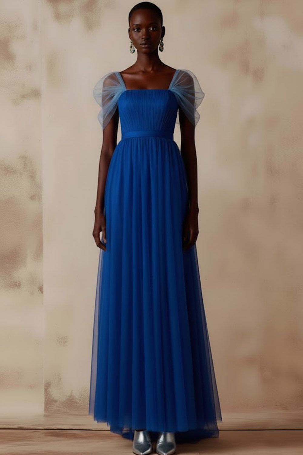 Blue Pleated A Line Square Neck Long Formal Dress
