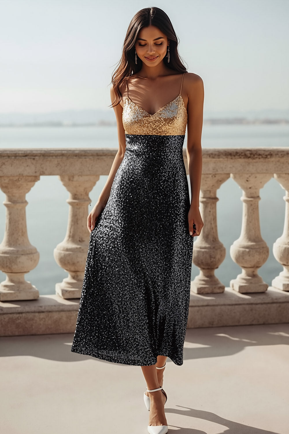 Leely Women Sparkly Black and Golden Long Formal Dress A Line Sequined Spaghetti Straps Evening Dress