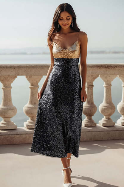 Leely Women Sparkly Black and Golden Long Formal Dress A Line Sequined Spaghetti Straps Evening Dress