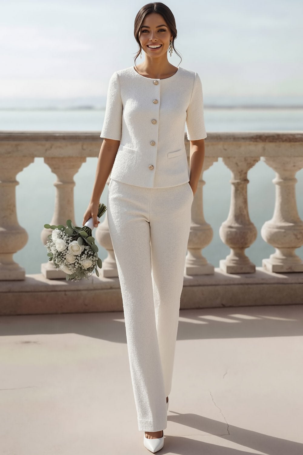 White 2 Piece Tweed Long Single Breasted Bridal Suits with Sleeves