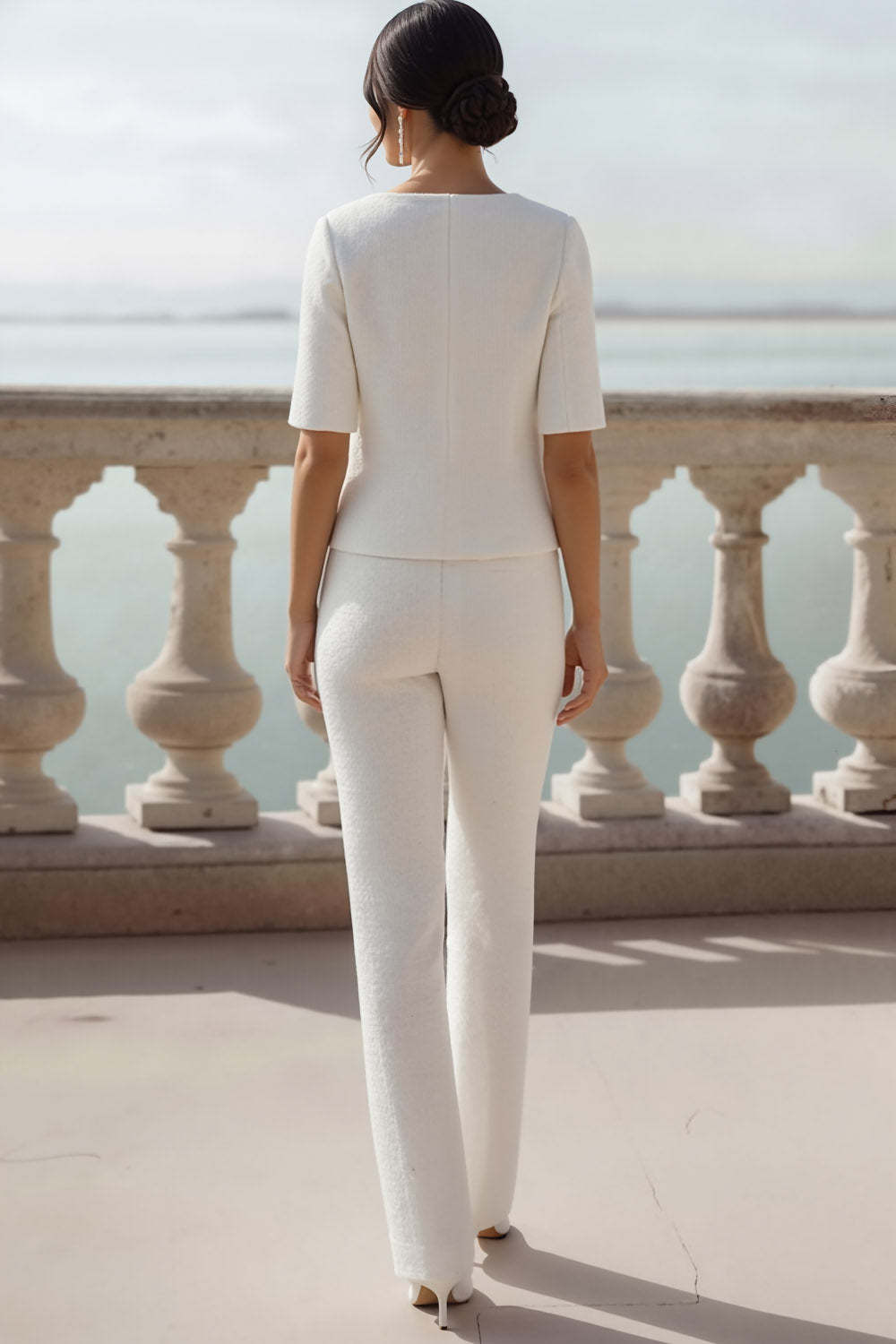 White 2 Piece Tweed Long Single Breasted Bridal Suits with Sleeves