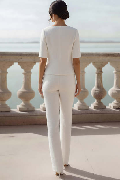 White 2 Piece Tweed Long Single Breasted Bridal Suits with Sleeves