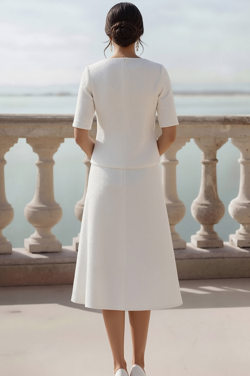 White 2 Piece Single Breasted Midi Wedding Reception Dress with Sleeves