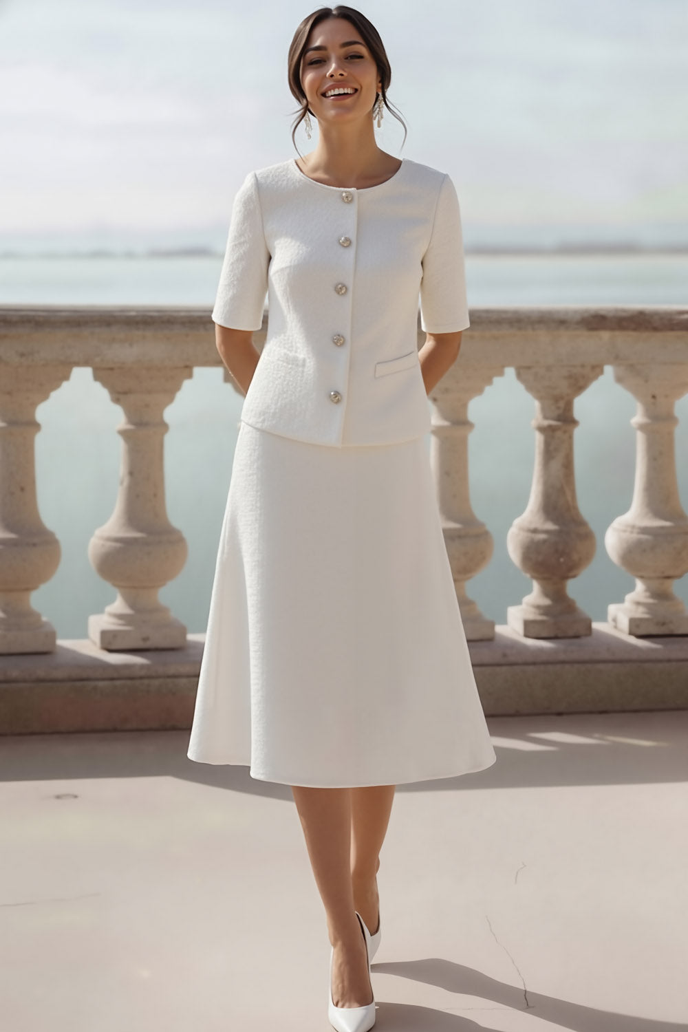 White 2 Piece Single Breasted Midi Wedding Reception Dress with Sleeves