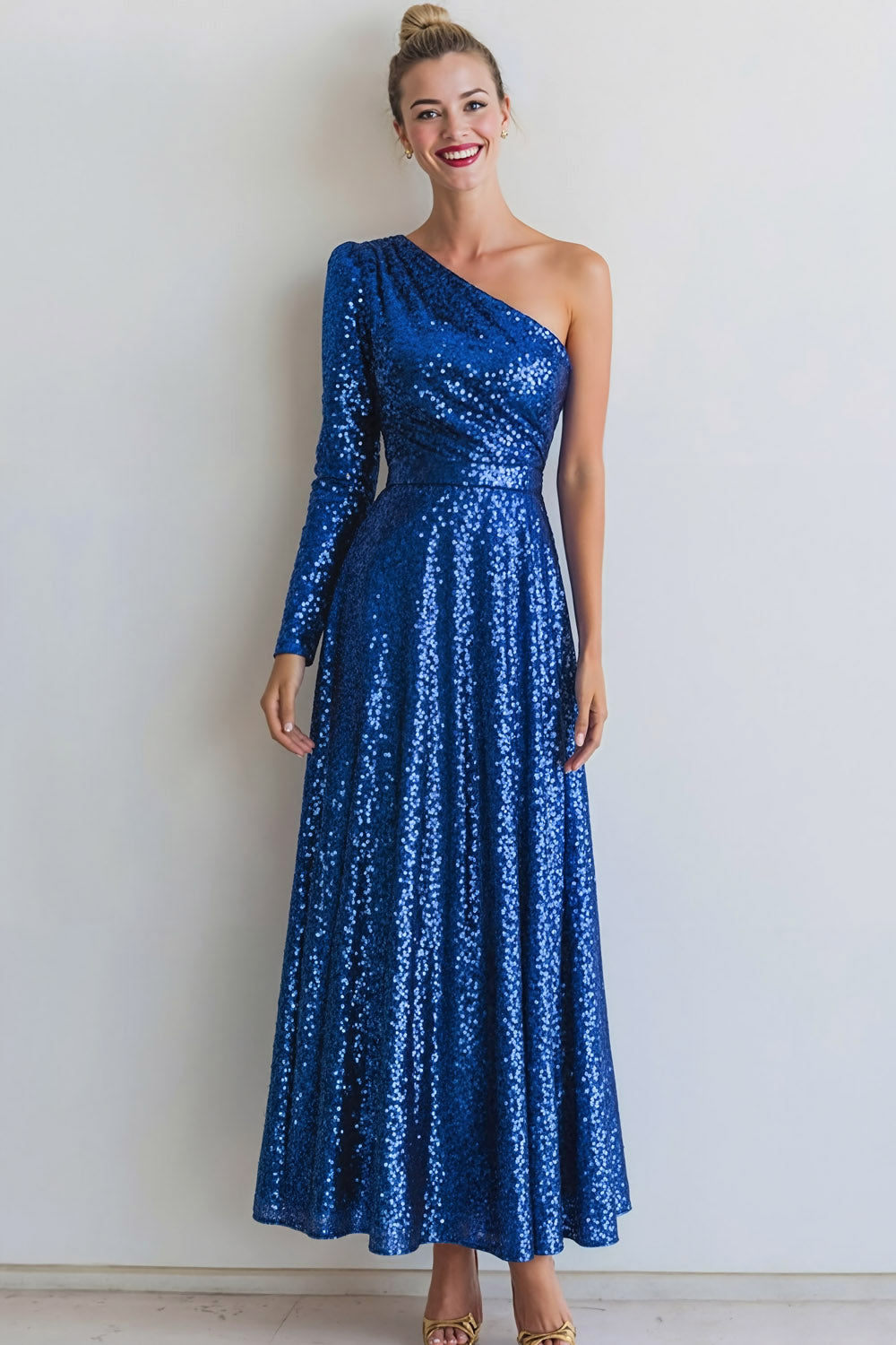 Sparkly Blue Sequin One Shoulder Long Evening Dress with Sleeves