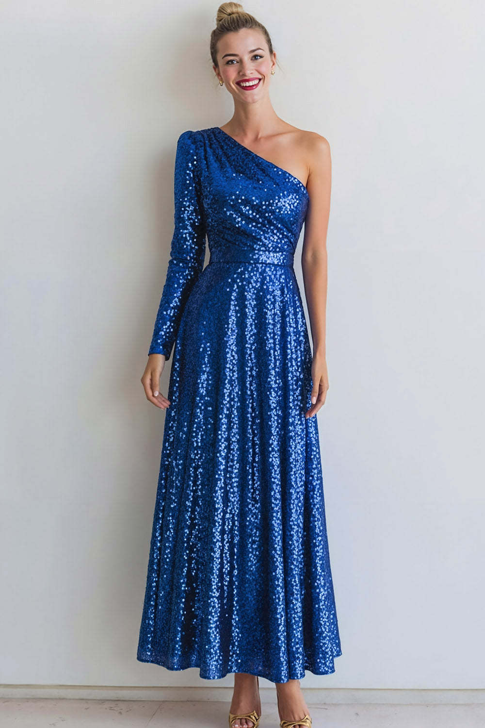 Sparkly Blue Sequin One Shoulder Long Evening Dress with Sleeves